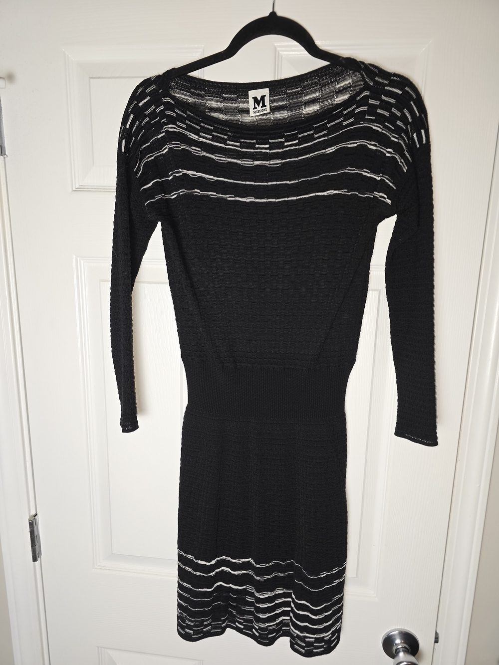 Missoni Black Long-Sleeve Merino Wool Knit Dress with White Striping Size 2